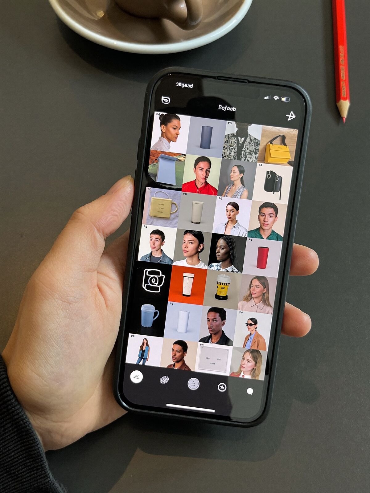 Hand holding a phone showing a grid of portrait photos on a social profile