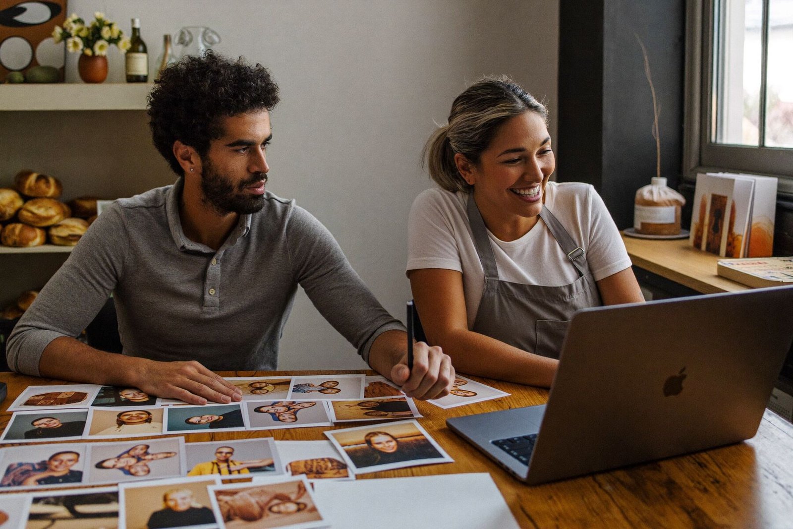 A strategist and a bakery owner planning together with printed photos and a laptop