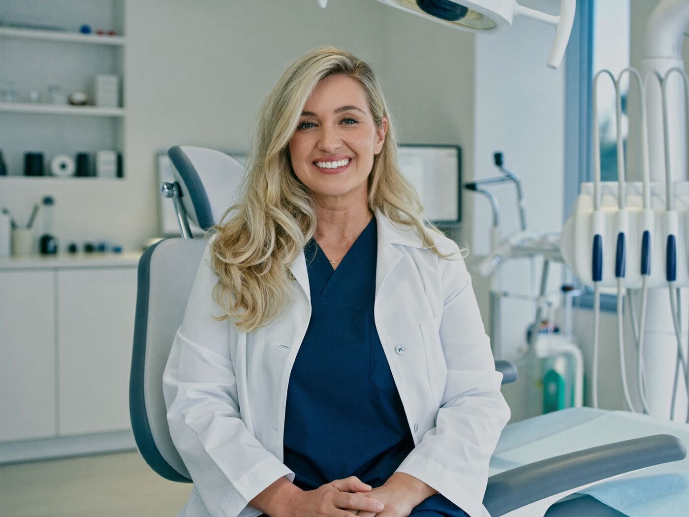 Smiling dentist in a bright modern dental office