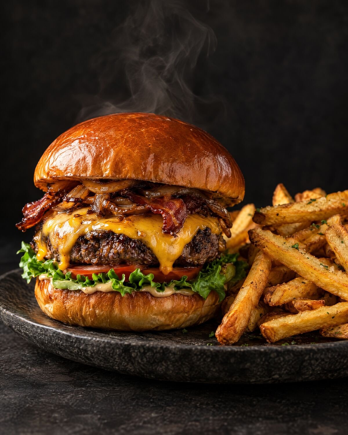 Gourmet burger with melted cheese and fries on a dark stone plate