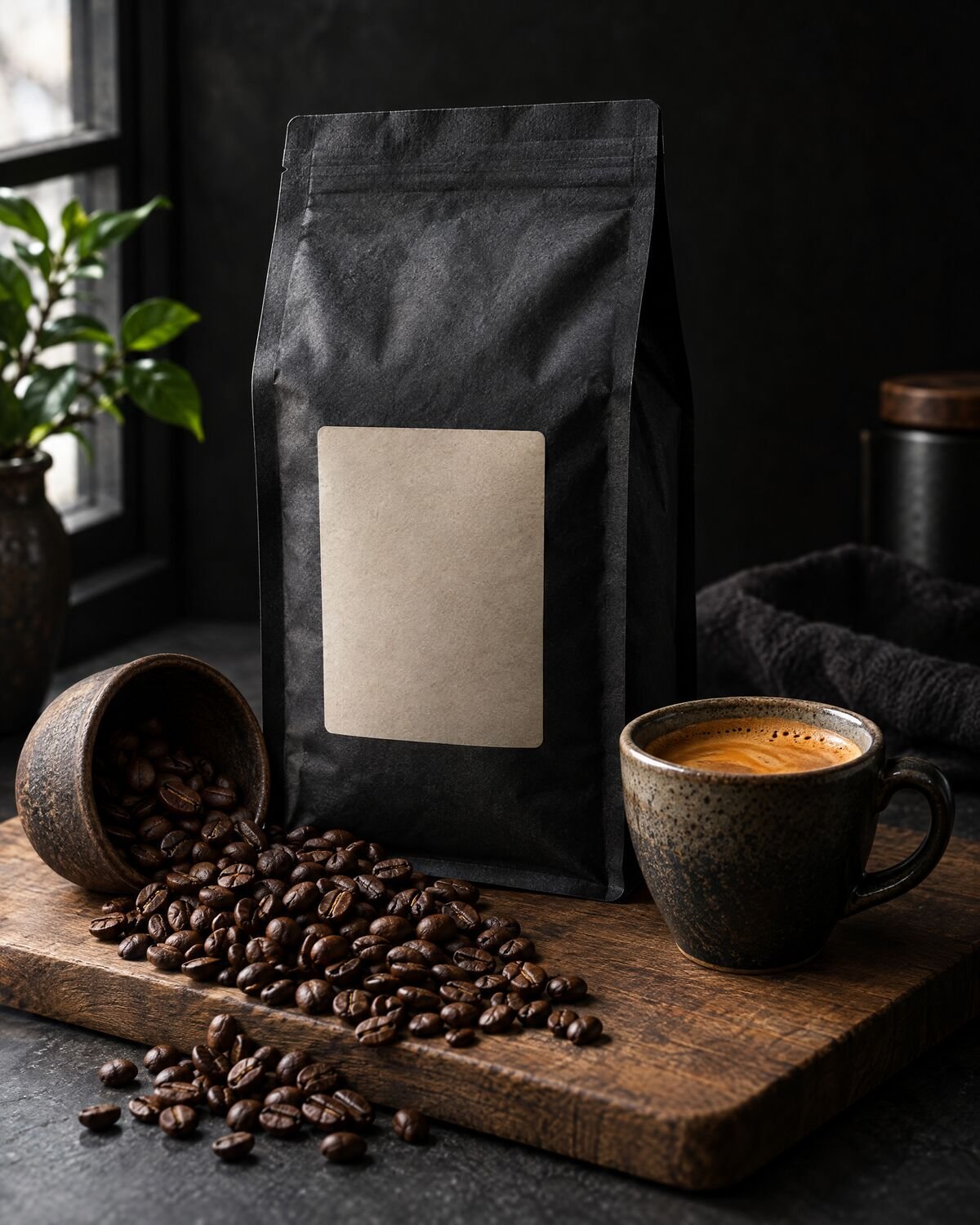 Black coffee bag on a wooden board with roasted beans and an espresso