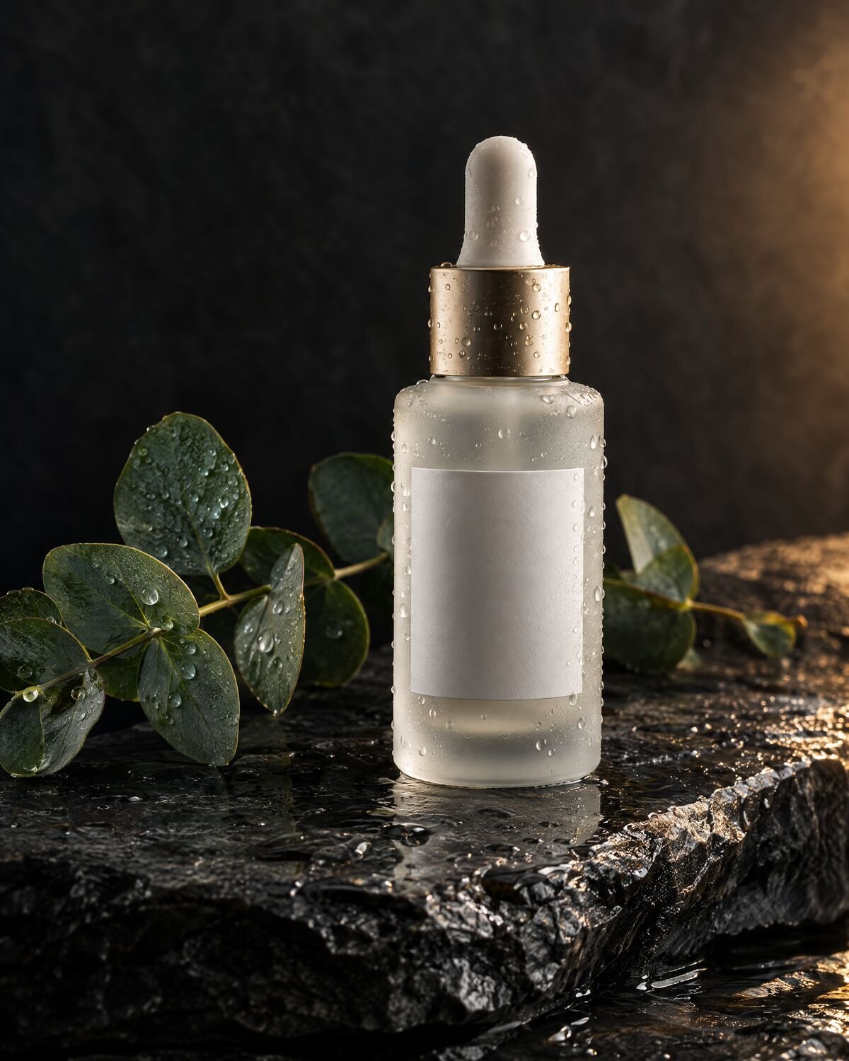 Frosted serum bottle on wet slate with water droplets and eucalyptus