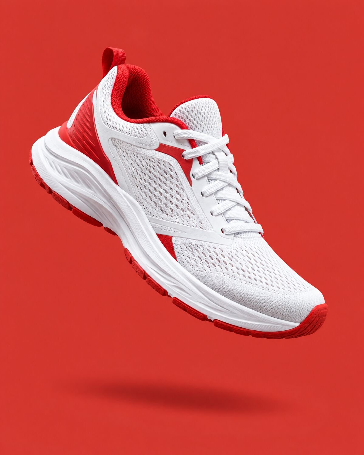 White and red running sneaker floating against a solid red backdrop, a product ad shot