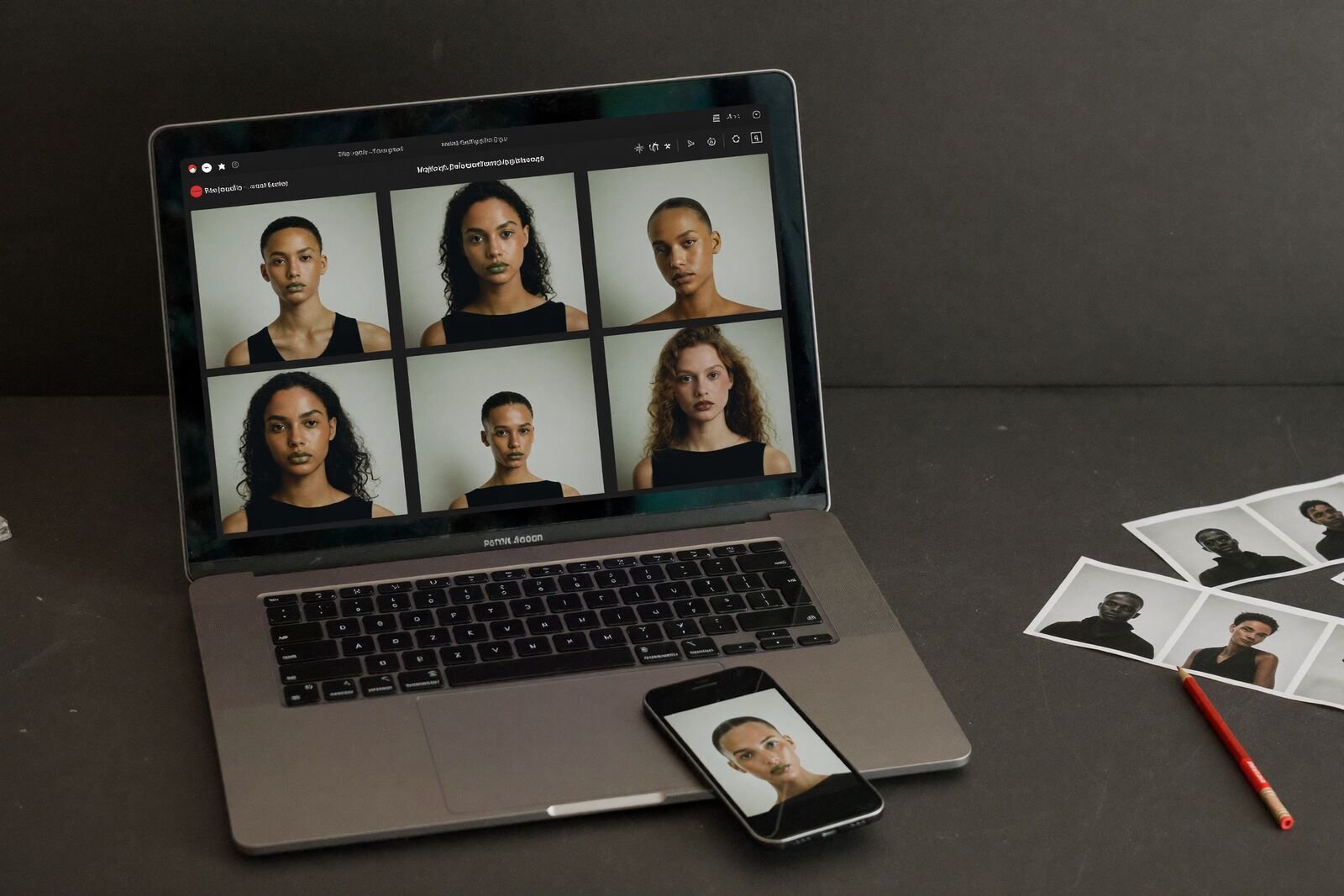Laptop and phone showing a dark photography portfolio website