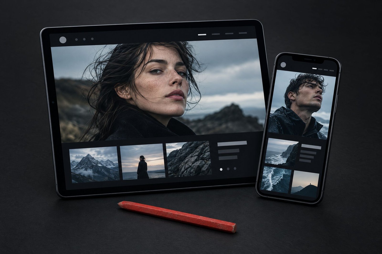 Tablet and phone showing a dark photography portfolio website