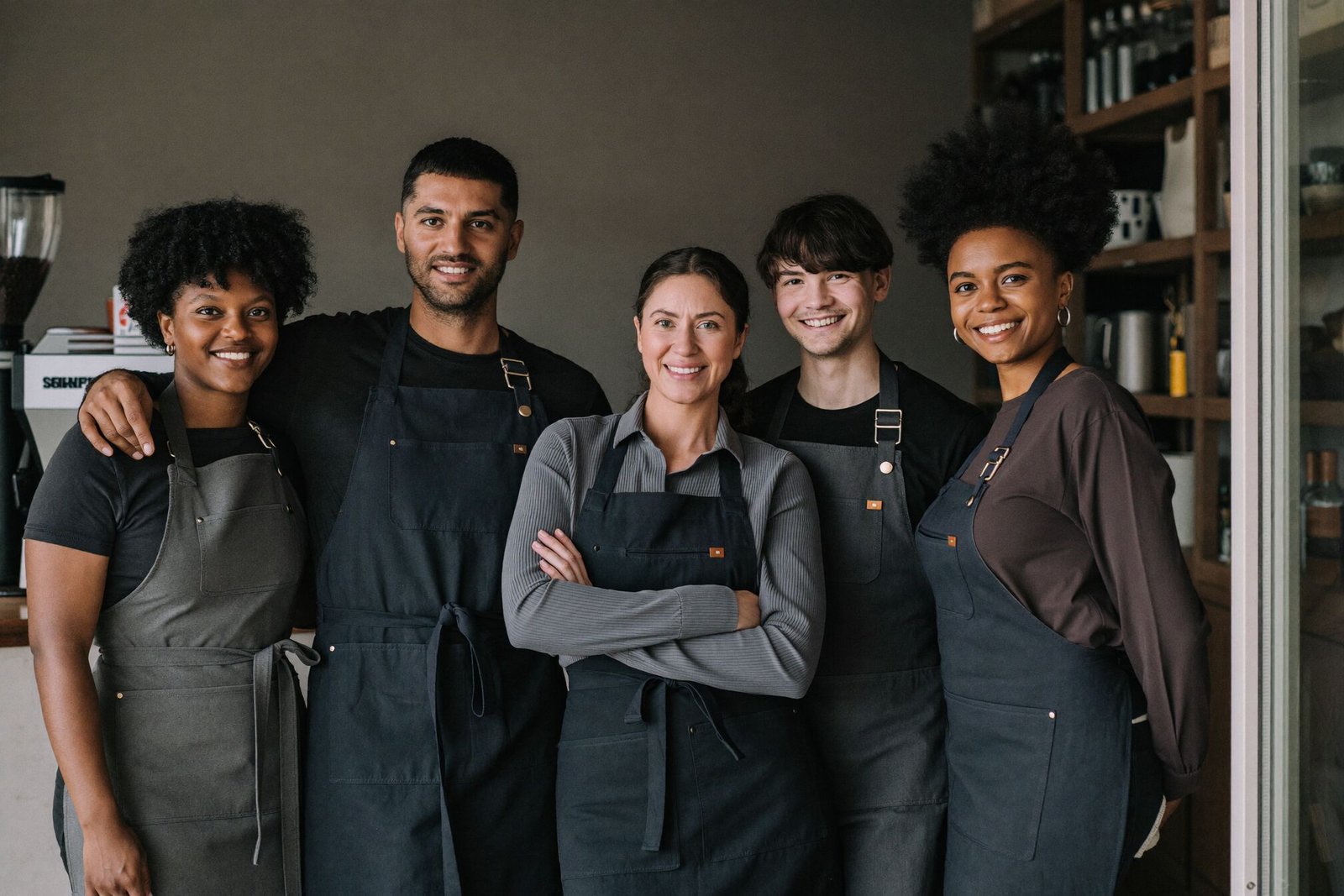 Five coffee roastery staff members posing together inside their shop